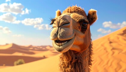 A smiling cartoon camel in the desert with sand dunes and bright sky