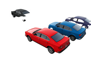 Three cars, red, blue, and purple, viewed from above on a black background with a damaged car