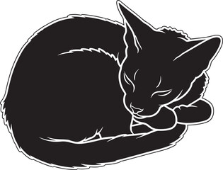 Artistic black cat silhouette sleeping curled up peaceful pet animal domestic feline wildlife sketch outline graphic