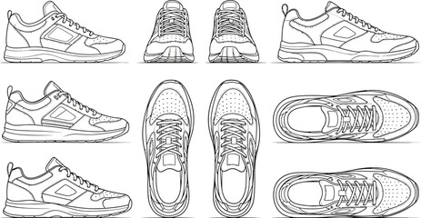 Collection of sneaker outline drawings showing side front and top views on a white background design asset