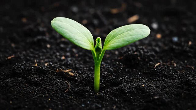 Beautiful time-lapse sequence showcasing a vibrant green seedling slowly emerging from fertile soil and unfurling its leaves, representing natural development fresh, beautiful, ecology