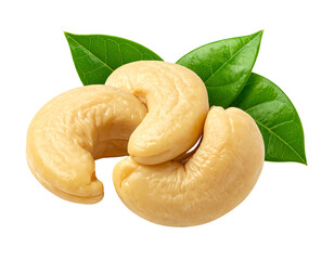 Three cashew nuts and three green leaves are isolated on a black background