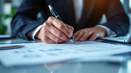 negotiation discussion agreement compromise business concept. Professional hand holding pen, signing document in office setting.