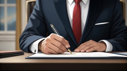 negotiation discussion agreement compromise business concept. Man in a suit signing a document with a pen on a desk.