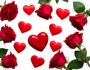 Red roses and heart shapes scattered on a black background create a romantic, Valentine's Day-themed composition