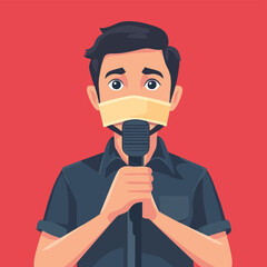 Illustration of a man with tape over his mouth holding a microphone, symbolizing censorship.   , vector style simple color