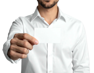 Man in white shirt holds blank card against dark backdrop, focus on hand and card