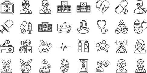 Collection of medical and health related line icons depicting various healthcare elements and concepts