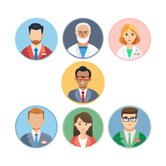 A set of icons, men and women in medical jobs style, doctor and nurse and professor and... on round circle labels and template frames.