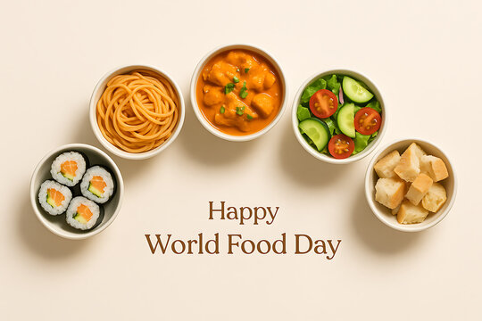 Happy world food day flat lay with international dishes including pasta sushi curry salad and bread bowls on beige background