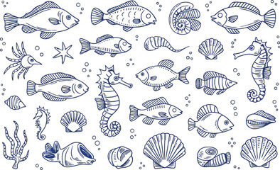 Hand-Drawn Marine Life and Shells Seamless Pattern