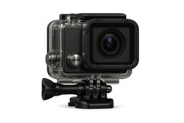 Action camera in waterproof housing recording adventure sports