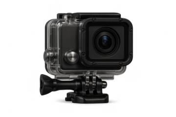 Action camera in waterproof housing recording adventure sports