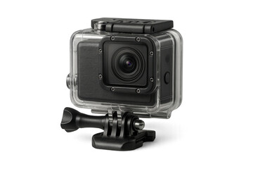 Action camera with waterproof housing and mount, transparent background