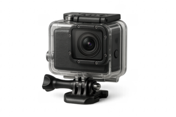 Action camera with waterproof housing and mount, transparent background
