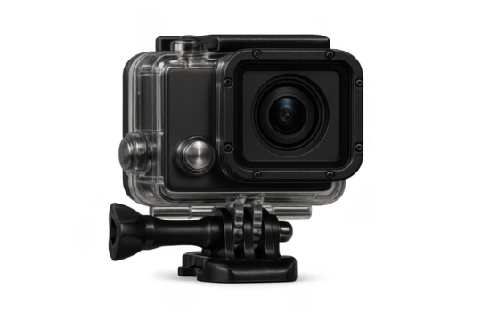 Action camera in waterproof housing recording adventure sports