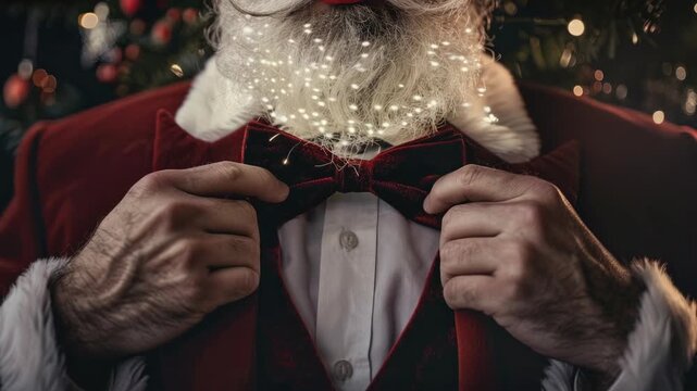 A jovial and mischievous depiction of Santa Claus, adjusting his bowtie with a sparkle in his eye, ready for Christmas.