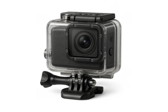 Action camera with waterproof housing and mount, transparent background
