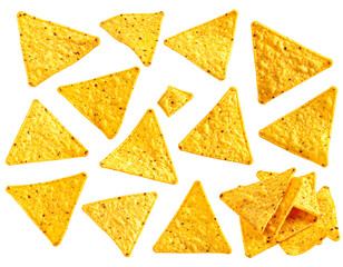 Triangular corn snacks scatter across black background; crunchy, golden yellow