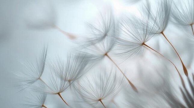 Close-up macro shot of delicate white dandelion seeds with feathery parachutes floating gently against a soft, ethereal blurred background in tranquil natural light.