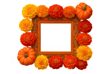 Autumn frame with marigolds and pumpkins on transparent background