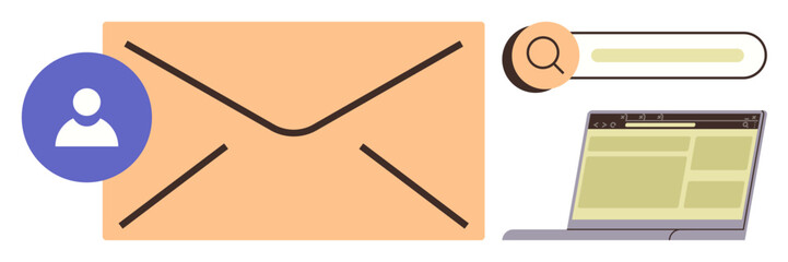 Large envelope with user icon, search bar, and laptop representing email communication, data search, and online interaction. Ideal for messaging, marketing, networking, technology research user