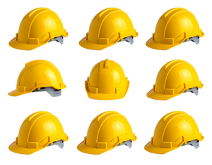 Nine yellow hard hats arranged in a grid on a black background, suggesting construction or safety measures