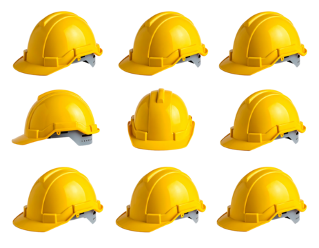 Nine yellow hard hats arranged in a grid on a black background, suggesting construction or safety measures
