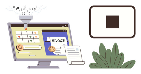 Monitor displaying invoice form, funnel with binary data, documents, dollar sign, and progress grid. Ideal for finance, automation, billing, data analysis productivity bookkeeping simple flat