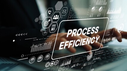 Hands on Laptop with Digital Interface Showing Process Efficiency and Modern Technology Concepts for Business Improvement. Asymptotic smart data analytic.