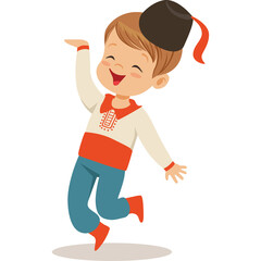 Joyful Young Boy Wearing Traditional Red White and Blue Outfit and Black Hat With Red Tassel Dancing Happily With Open Mouth and Closed Eyes Against a White Background