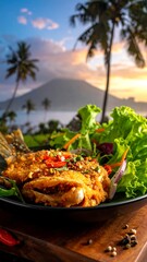 Close-up of a fried fish dish, palm trees and sunset in background