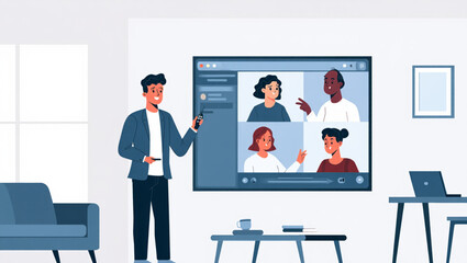 Man presenting to a virtual team meeting on a large screen