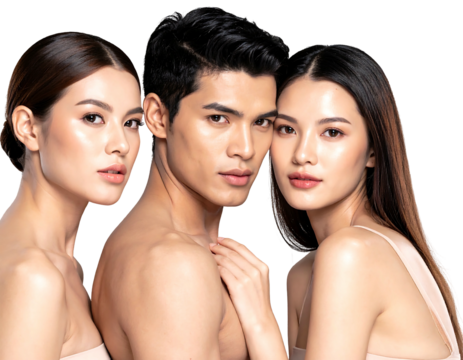 Three individuals posed closely, showcasing their sleek hair and smooth, glowing skin, against a dark background