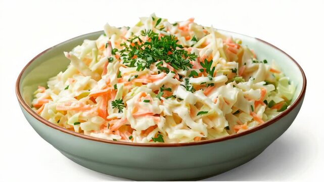A close-up of a bowl full of coleslaw with shredded cabbage and carrots mixed with mayonnaise or dressing, topped with fresh parsley.