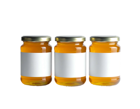 Three jars of golden liquid, each featuring a blank white label against a stark black backdrop