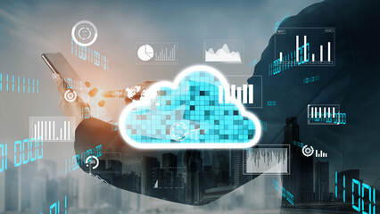 A conceptual image showcasing cloud technology, data visualization, and a smartphone, symbolizing digital transformation and innovation in a modern urban business landscape. Xenic