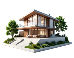 Modern home with large windows, white walls, and wood accents sits on a slightly elevated green and white platform