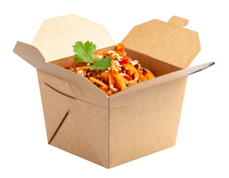 Noodles with carrots & sesame seeds in a brown takeout box with cilantro garnish