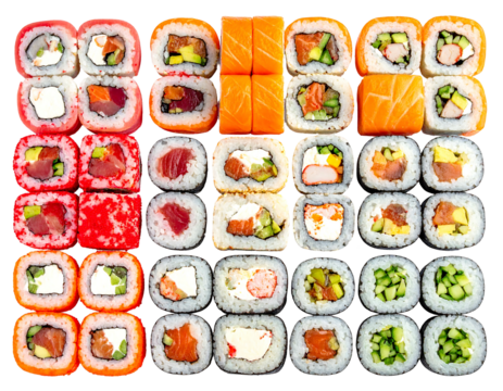 Rows of colorful assorted sushi rolls are arranged on black background