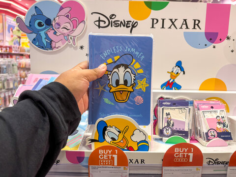 Donald Duck and Pixar-themed Stationery in a Store Display A Colorful Collection