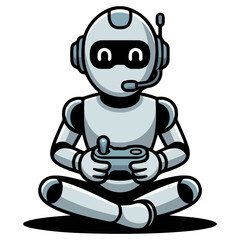 A cute robot playing video games and wearing a headset. He sits cross-legged, focused on the controller, creating a playful scene.