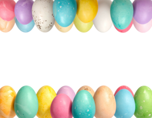 Rows of pastel-colored speckled Easter eggs frame a black center, top and bottom, creating a colorful border effect