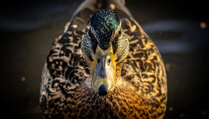 Close-up shot of a mallard duck, featuring its intricate feather patterns