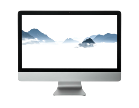 Modern monitor displaying a scenic mountain landscape filled with fog and misty sky - Powered by Adobe