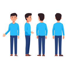 Flat young man in different positions 2D illustration vector. happy boy in standing pose. front, back, 3/4 view animated character, quarter view