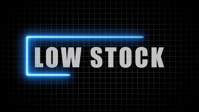 LOW STOCK inside a glowing blue neon rectangle on a dark grid background, low stock sale video