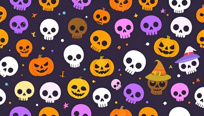 Cartoon Halloween pattern of pumpkins and skulls on a dark purple background