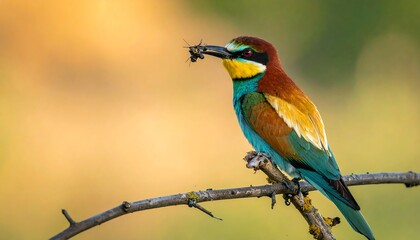 Colorful bird perched on a branch, holding insects