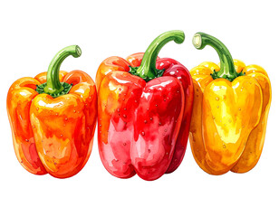 Three colorful bell peppers, orange, red, and yellow, arranged together. Watercolor style art on transparent background